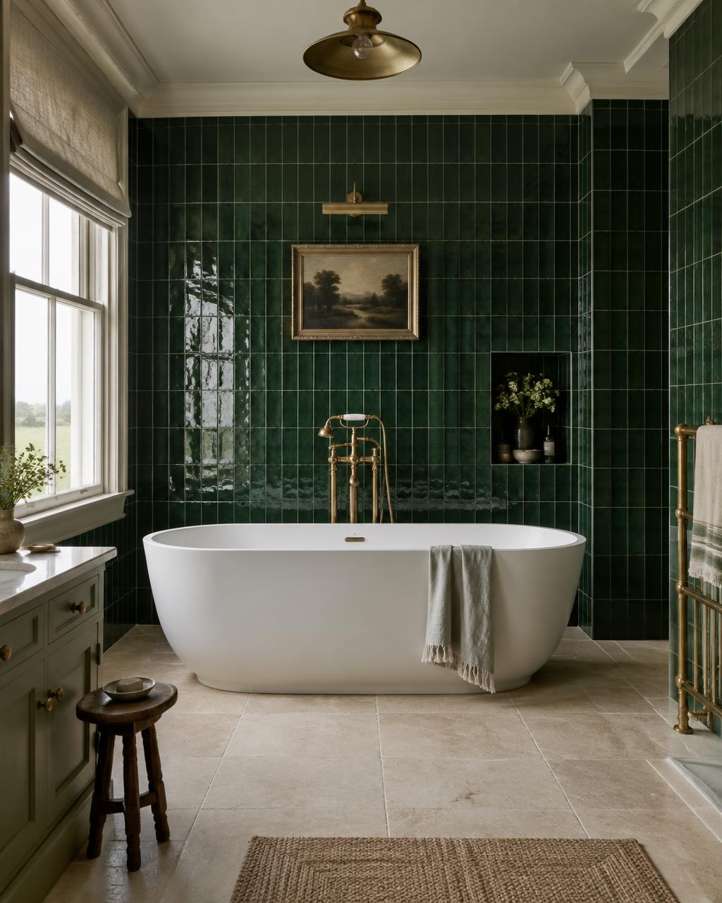 Green tiled bathroom with freestanding bath