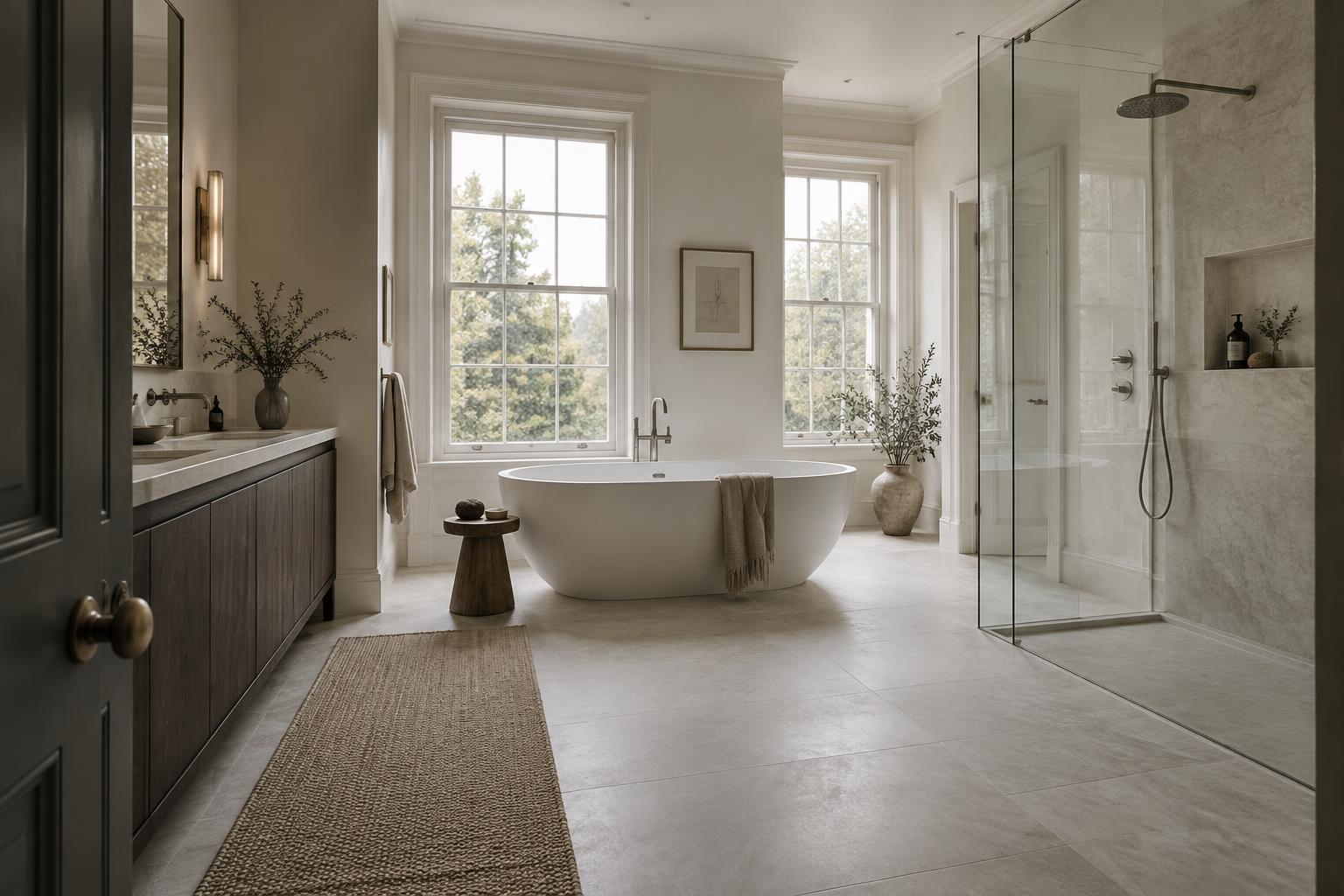 Light-filled bathroom with freestanding bath and walk-in shower