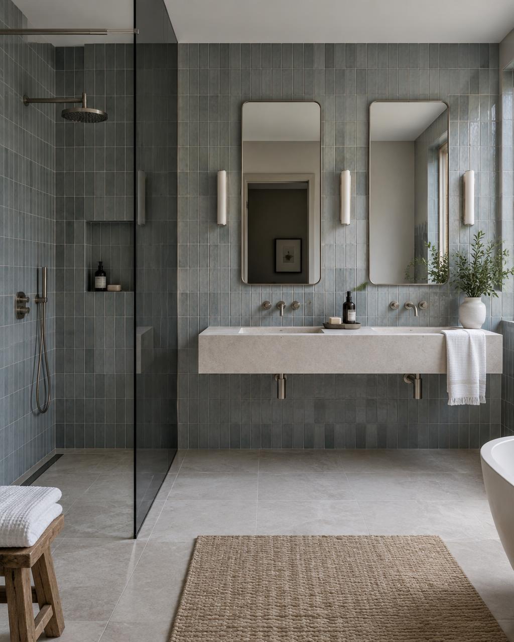Tiled walk-in shower, double basin and textured bath mat